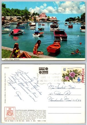 Flatts Village Bermuda Postcard 1970s John Hinde Boats Swimmers & Pink Homes