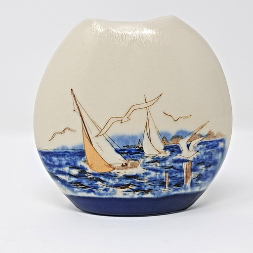 Otagiri Round Vase 4" tall & wide Seagull Sailboat stoneware vintage Japan
