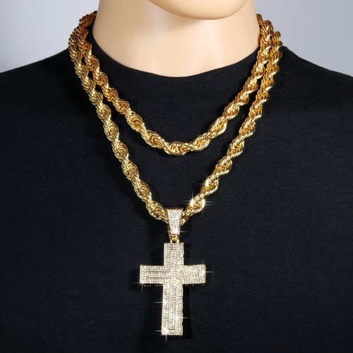 Chaîne corde 14 carats 10 mm 20" et 24" po | Grande croix courbe plaqué or style hip hop - Photo 12/16