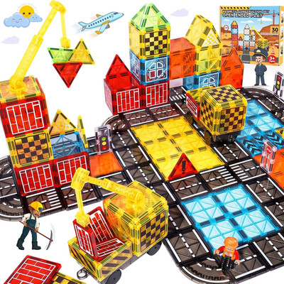 Magnetic Tiles Kids Construction Toys - Road Set with Magnet Crane for Boys Age