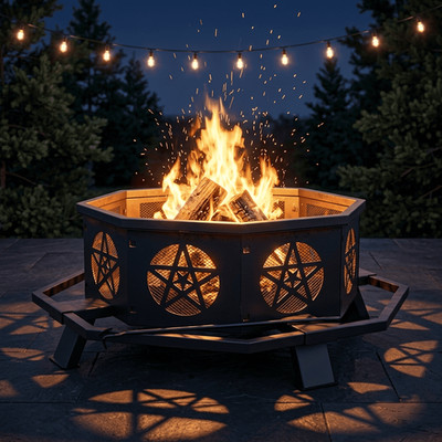43'' Outdoor Fire Pit Wood Burning Octagonal Steel Star Bonfire Bowl Footrest