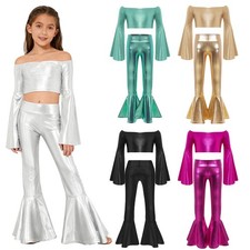 Kids Girls Bell-bottom Shiny Pants Uniform 2-Piece Hip Hop Metallic Crop Top