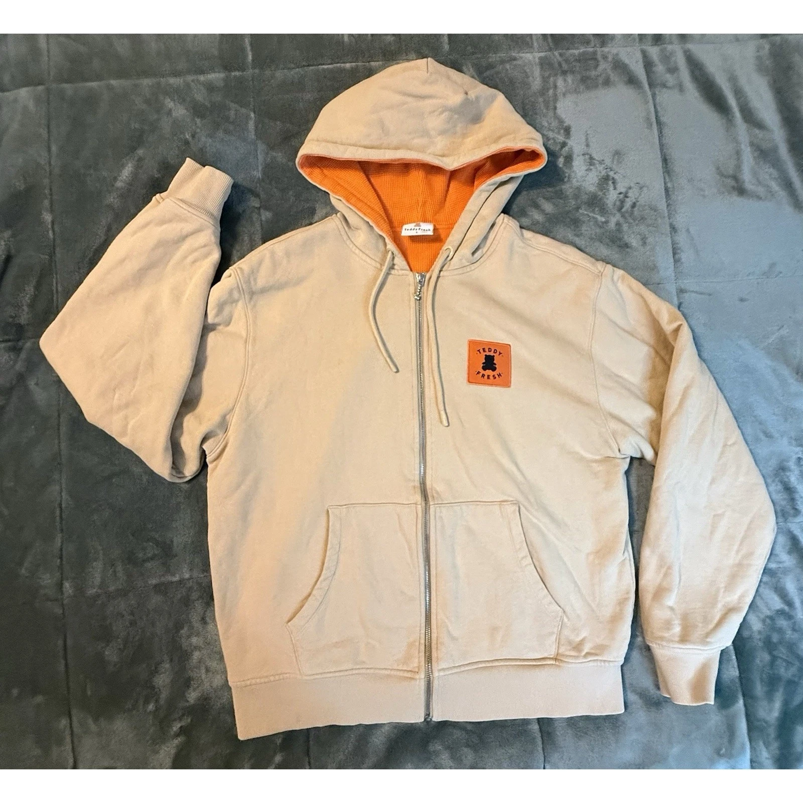 Teddy Fresh Men’s Full Zip Thermal Lined Hoodie Beige Orange Size Large