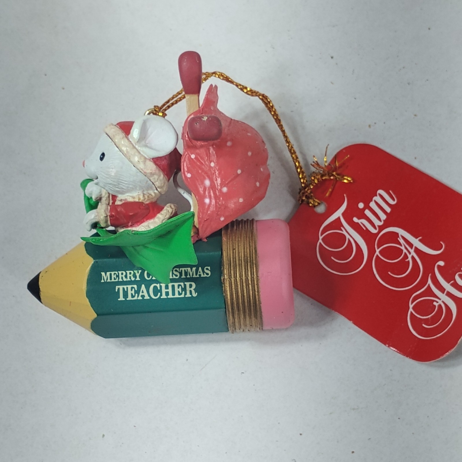 Vintage Trim A Home Christmas Ornament Mouse On A Pencil Merry Christmas Teacher