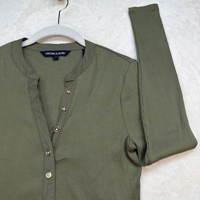 Veronica Beard Women s Ribbed Henley Top Small Olive Green Long Sleeve Knit