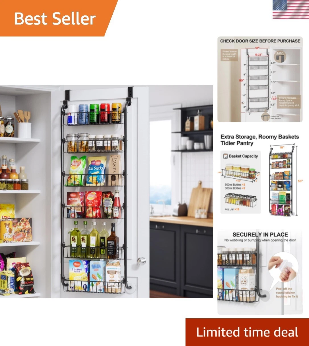 Over the Door Pantry Organizer, 6-Tier Metal Pantry Door Organization and Sto...