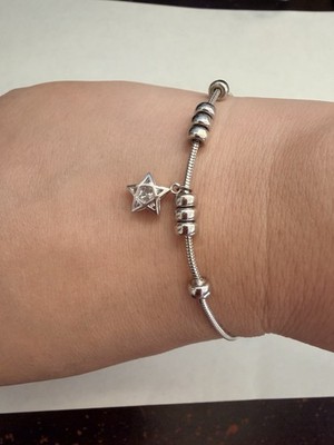 D S925 925 Silver Snake Chain Star Charm Bracelet Adjustable Lobster Closure