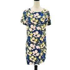 J. Crew 8 Blue Blush Floral Print Matte Satin Short Sleeve Career Shift Dress