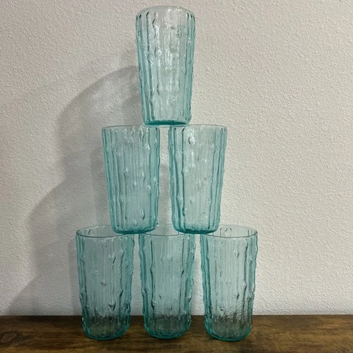 Set Of 6 MCM Vintage Anchor Hocking Aquamarine Blue Tahiti Bamboo 8oz Tumblers