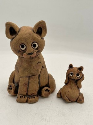 Handmade Signed NZ Art Pottery Clay Sitting Pretty Whimsy Cat & Kitten Figurines