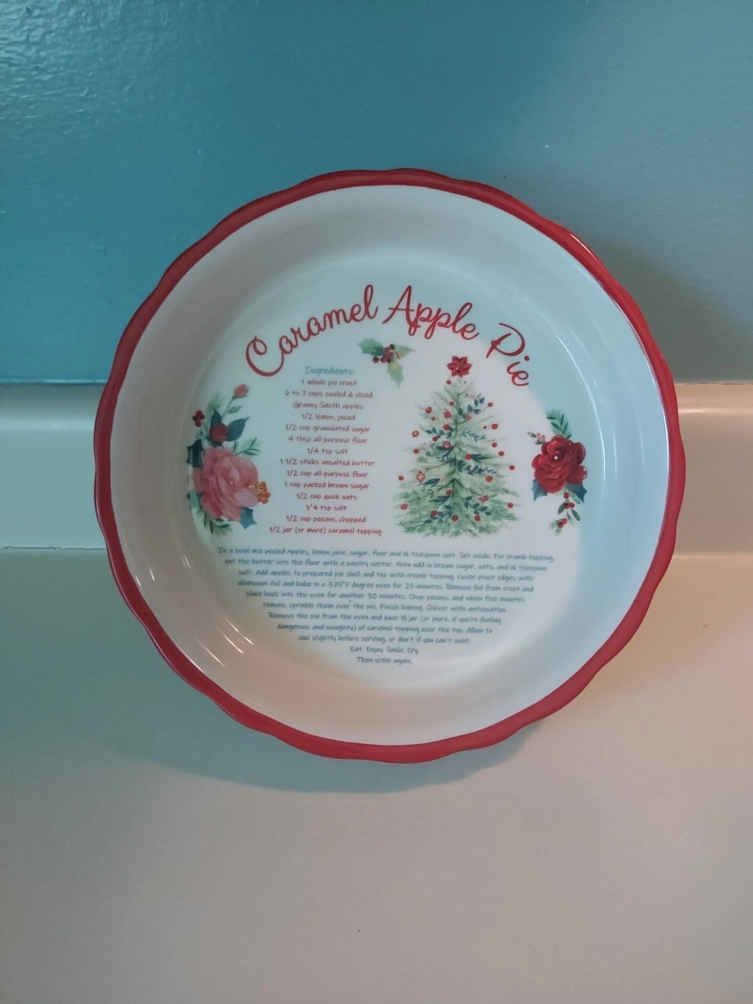 Pioneer Woman Caramel Apple Pie Recipe Dish New White Red 9 1/2" Round x 2" Deep