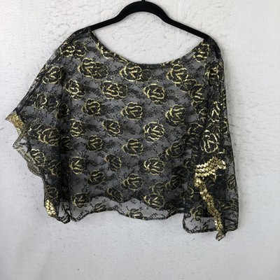 Sheer Kimono Blouse Womens One Size Black Gold Lace Dark Fairy Grunge Ethereal