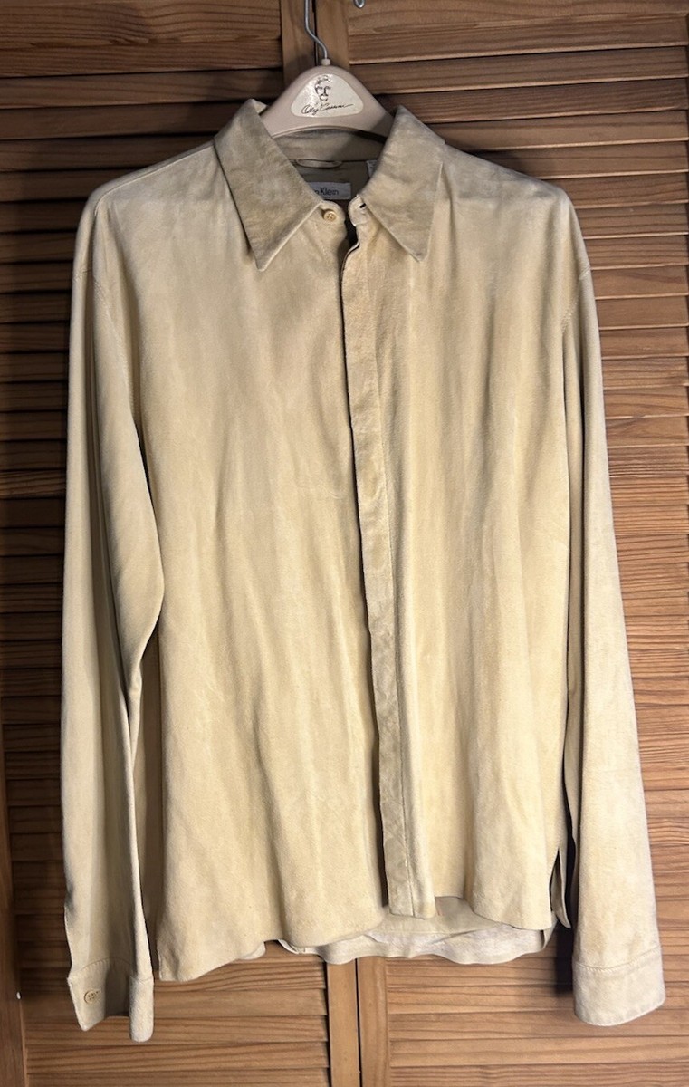 Vintage Calvin Klein Collection Suede Lambskin Button Shirt Jacket Shacket  Beige