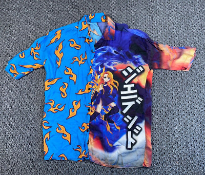 Jaded London Anime Half Flame Shirt Women's Small Blue Colorful Viscose Retro