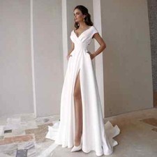 V-Neck Wedding Dress With Slit For Women Simple Cap Sleeve A Line