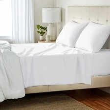 Amazon Basics Cotton Jersey 4-Piece Bed Sheet Set, Queen, White, White