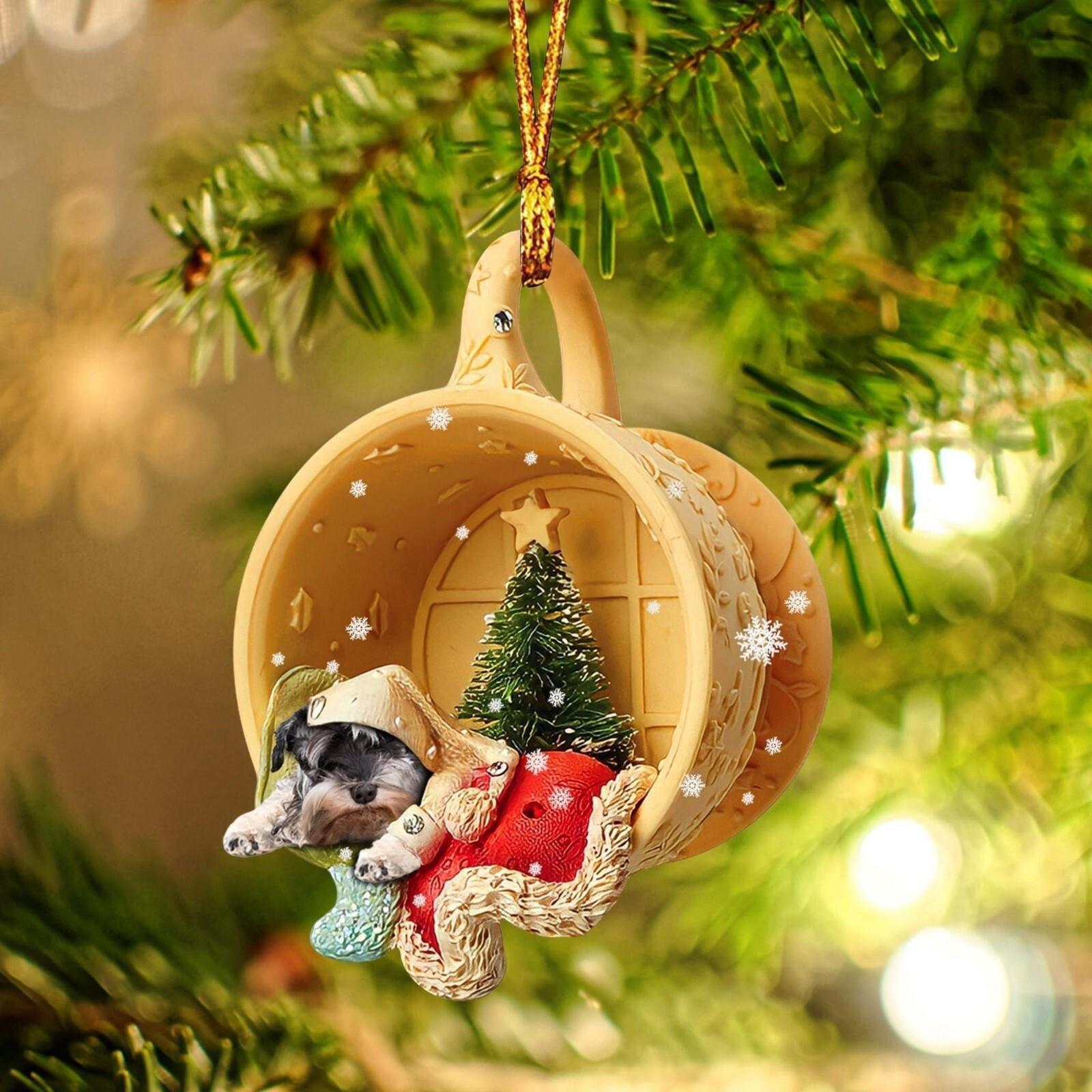 Miniature Schnauzer Dog Sleeping Tiny Cup Ornament  Dog Christmas Ornament Gift