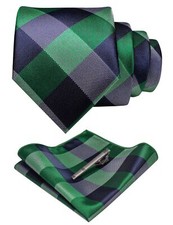 Navy Green Plaid Tie and Pocket Square with Tie Clip Sets for Men Business Ne...