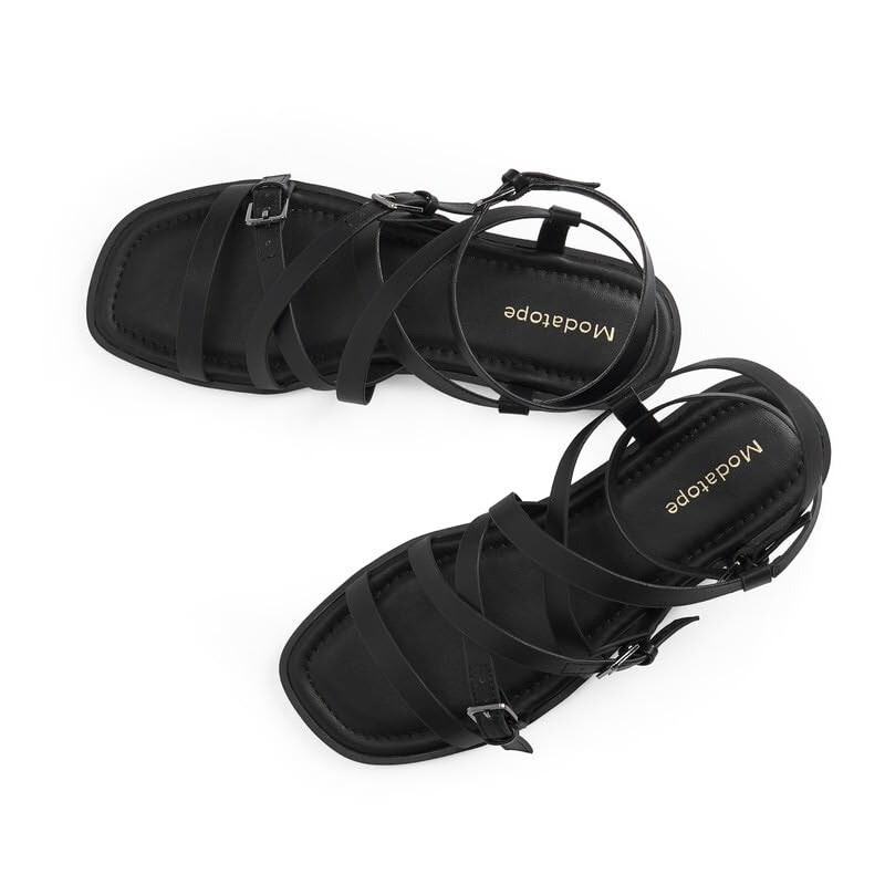 Modatope Women's Black Flat Strappy Fashion Comfortable Sandals