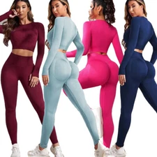 Women's Two Pieces Long Sleeves Workout Set Seamless Athletic Active Gym Clothes