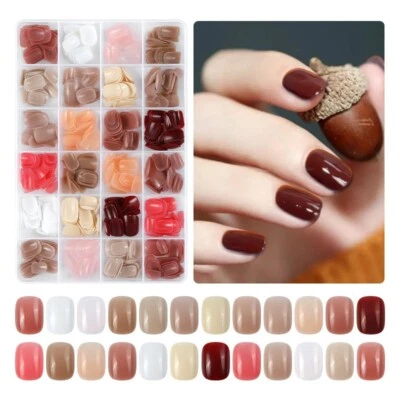 576 Press On Nails Square Short Coffin Almond False Tips With Glue Box Bulk Set