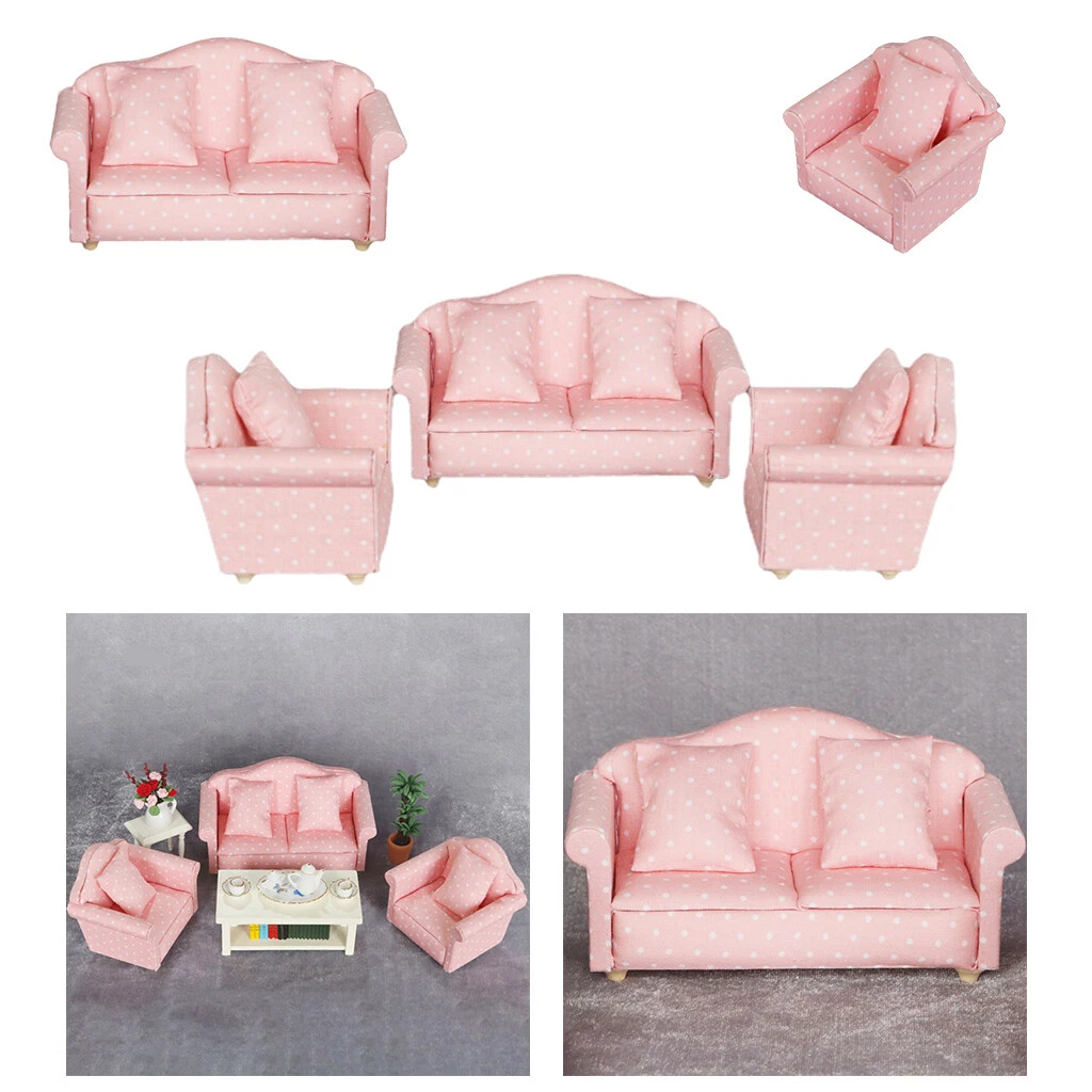 Wood Mini Pink Sofa Set for 1 12 Doll House Living Room Decoration Toys