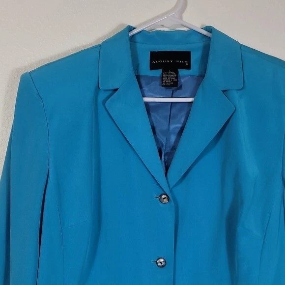 Blazer vintage de mujer 100 % seda con botones talla L azul azulado clásico dinero antiguo preppy Foto 2 de 4