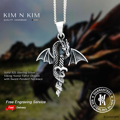 Wikinger nordischer Fafnir Drache mit Schwert Anhänger  Gravur  925 Silber  Qualität