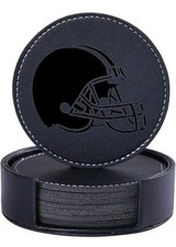 CUSTOM BROWNS ENGRAVED BLACK LEATHER COASTERS WITH LEATHER HOLDER SET OF 8 