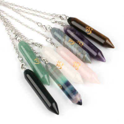 Natural Crystal Chakra Pendulum Pendant Hexagonal Column Point Runes Yoga Symbol