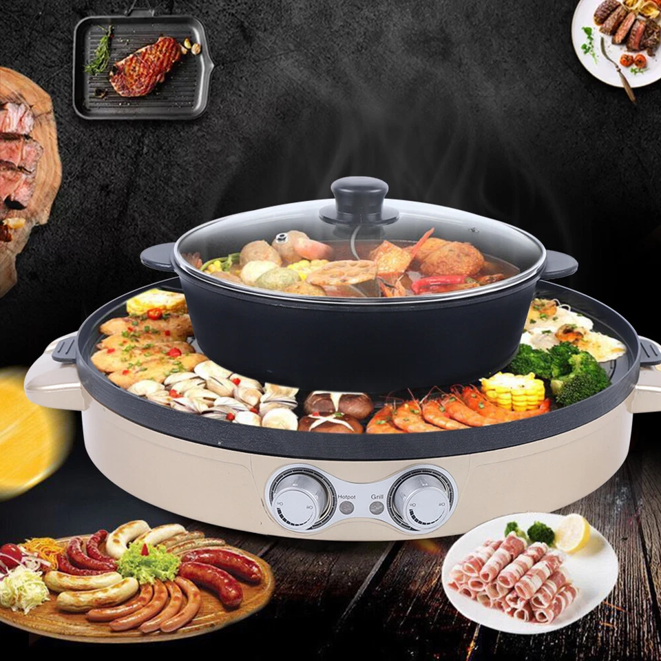 2 in1 Multifunction Hot Pot BBQ Double Electric Skillet Smokeless Non Stick DE - Image 2 of 4