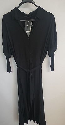 Trendyol Womens Maxi Black Shirt Dress Size Uk 16 Buttons Short Sleeves Belted