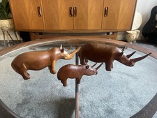 Vintage 1970s Teak Rhino Ornaments Mid Century Retro Carvings Sculpture 60s