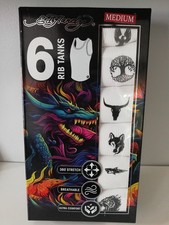ED HARDY 6 Pack Rib Tanks A Shirt Men's Medium White Cotton Stretch Prints New