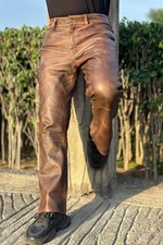 Men’s Distressed Brown Genuine Leather Biker Pants Motorcycle Riding Trousers