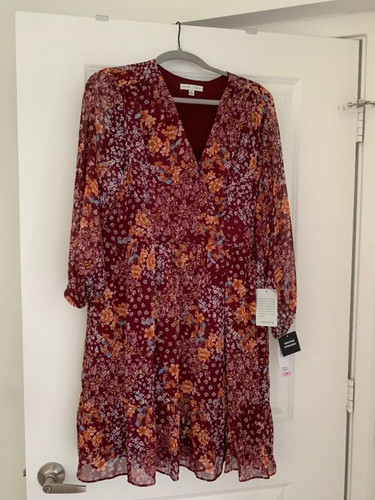 Sandra Darren Burgundy Floral V-Neck Dress Long Sleeve Size 10 NWT