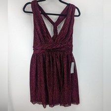LULU'S Ailey Skater Deep V Metallic Dress XS Extra Small Pink A-line Fit Flare