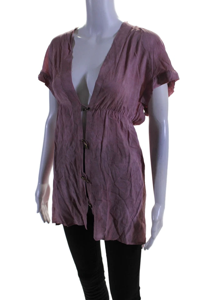 Vix Paula Hermanny Womens Short Sleeve V-neck Button Blouse Pink Size XS - Image 2 of 4