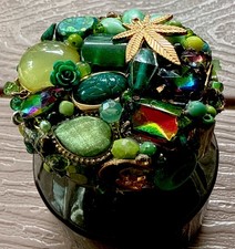 Stash Glass Tinted Herb Jar , With a Decorative Lid Made From Vintage Jewelry.