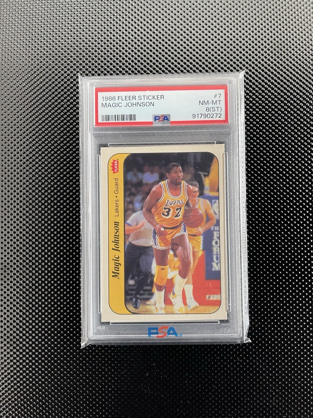 1986 Fleer Stickers Magic Johnson #7 Los Angeles Lakers PSA 8