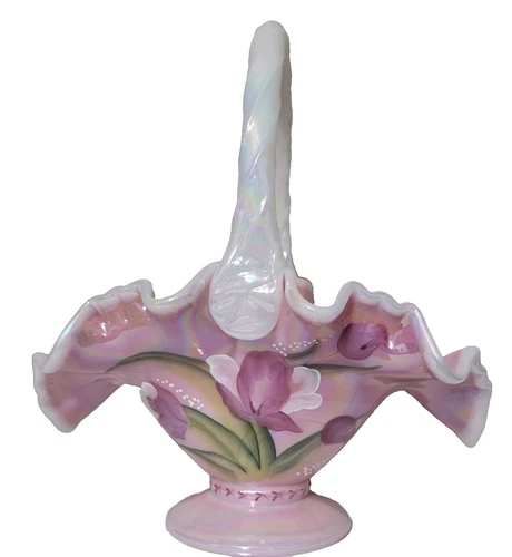 Fenton Basket  Iridescent Rosalene Hand Painted Tulips Legacy Collection Signed