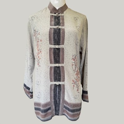 Vintage Chicos Design Silk Tunic Sz 0 Asian Blossoms Frog Toggle Mandarin Collar