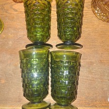 Set of 4 Indiana Glass Whitehall Avocado Green Cubist Water Iced Tea Glasses 6"