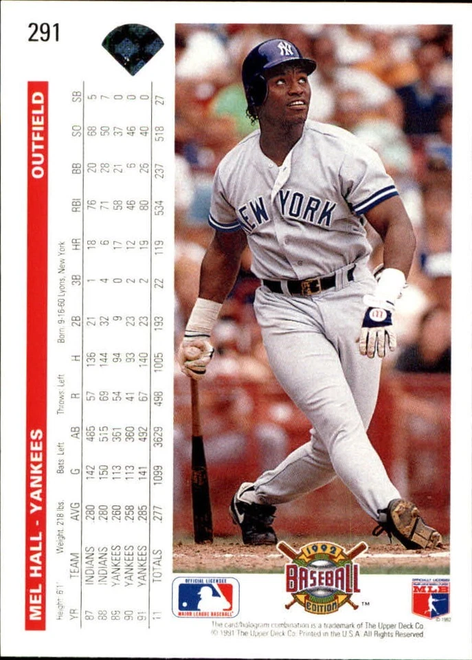 Mel Hall 1992 Upper Deck MLB #291 Baseball Card New York Yankees - Image 2 of 2