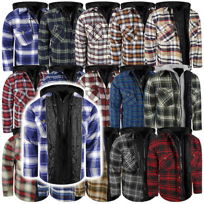 Plaid Flannel Hoodie Jacket Full Quilted Mens Shirt Zip-Up Chest Warmer 4 Pocket