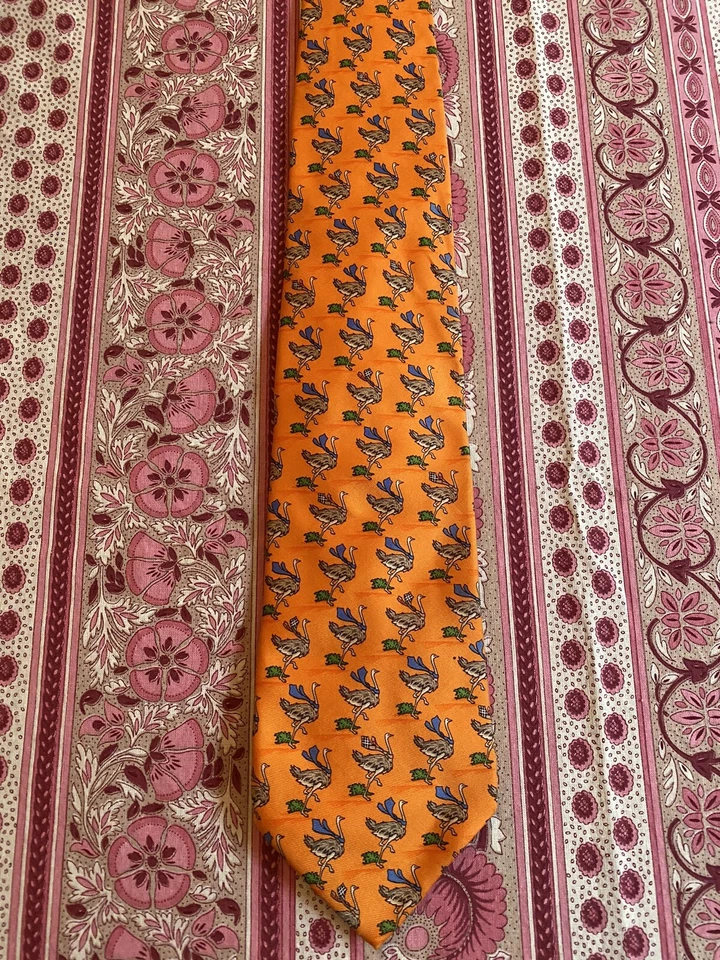 Corbata Burberry Para Hombre Naranja Avestruz Correr Pájaros Seda Cuello Corbata Foto 3 de 4