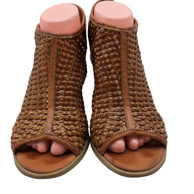 Women's INDIGO RD Sandals Brown Woven Hook/Loop Close Open-Toe 3.5''Heel Sz7.5M