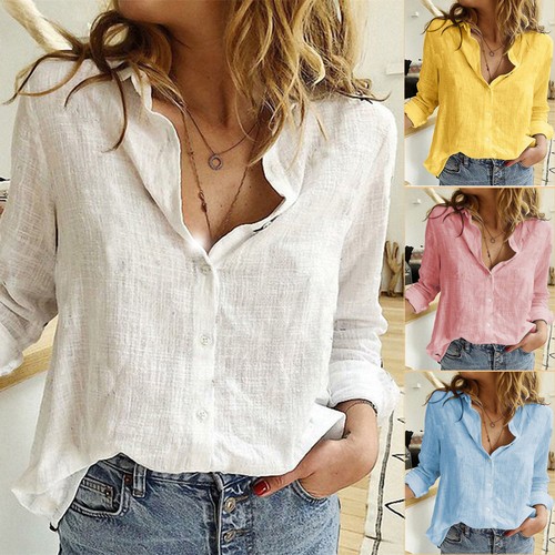 Womens Cotton Linen Plain Blouse Tops Ladies Baggy Long Sleeve Casual T-Shirt#A - Picture 2 of 24