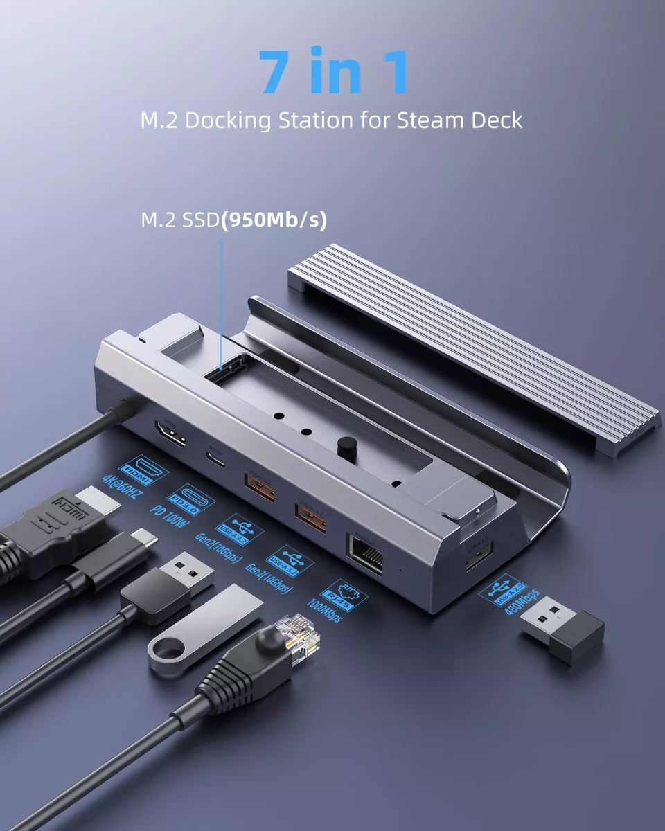  Steam Deck Dock M.2, 7 in 1 Docking Station for Steam Deck with  SSD Port HDMI 2.0 4K@60Hz, Gigabit Ethernet, 3 USB and USB-C Charge Port  Compatible with Valve Steam Deck 