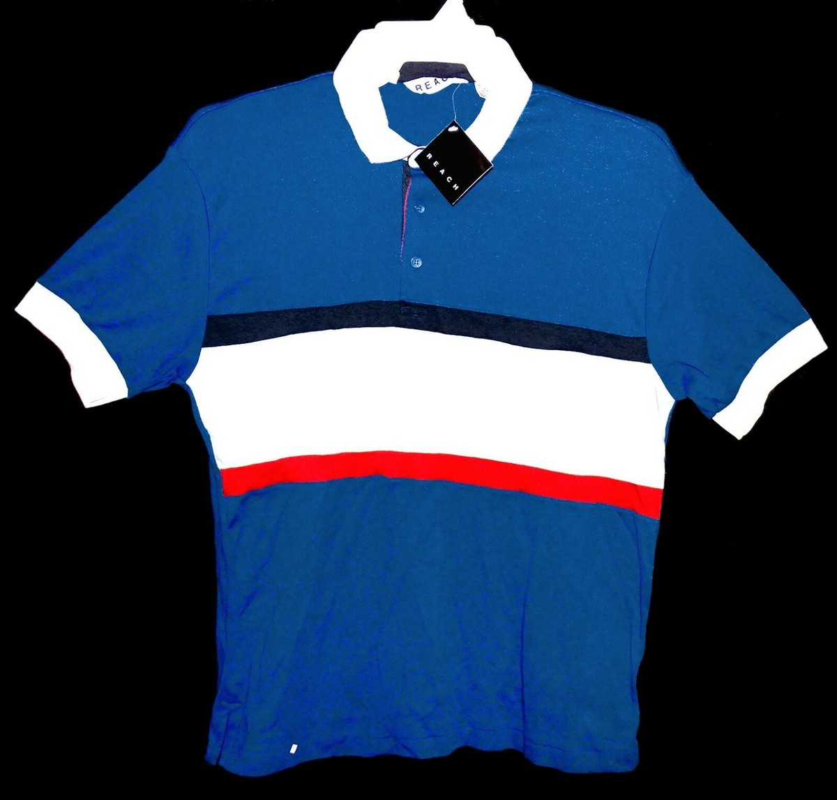 New Sz L Reach Polo Shirt Dark Teal Multi Horizontal Stripe Front